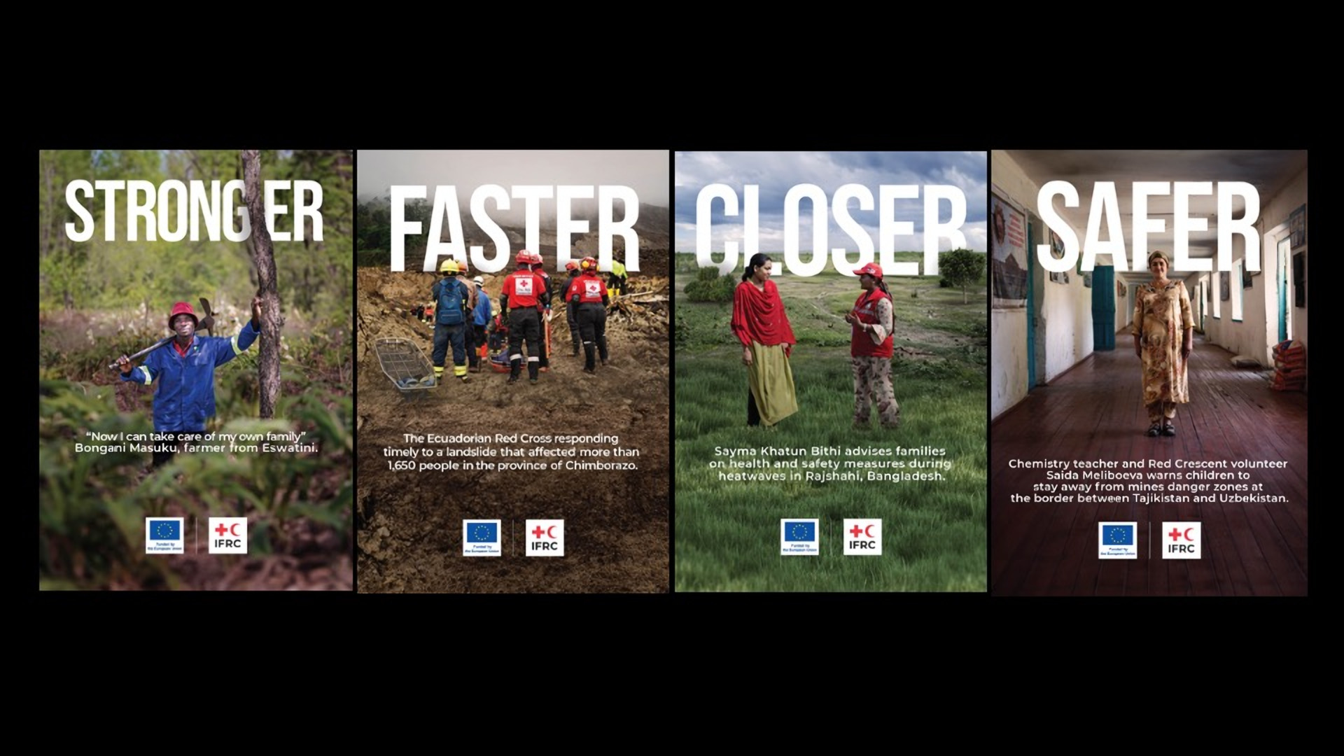 IFRC campaign posters — Stronger, Faster, Closer, Safer