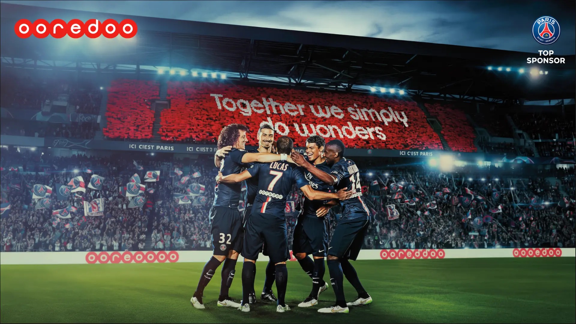Ooredoo × Paris Saint-Germain key visual — players celebrating under the Together we simply do wonders tifo