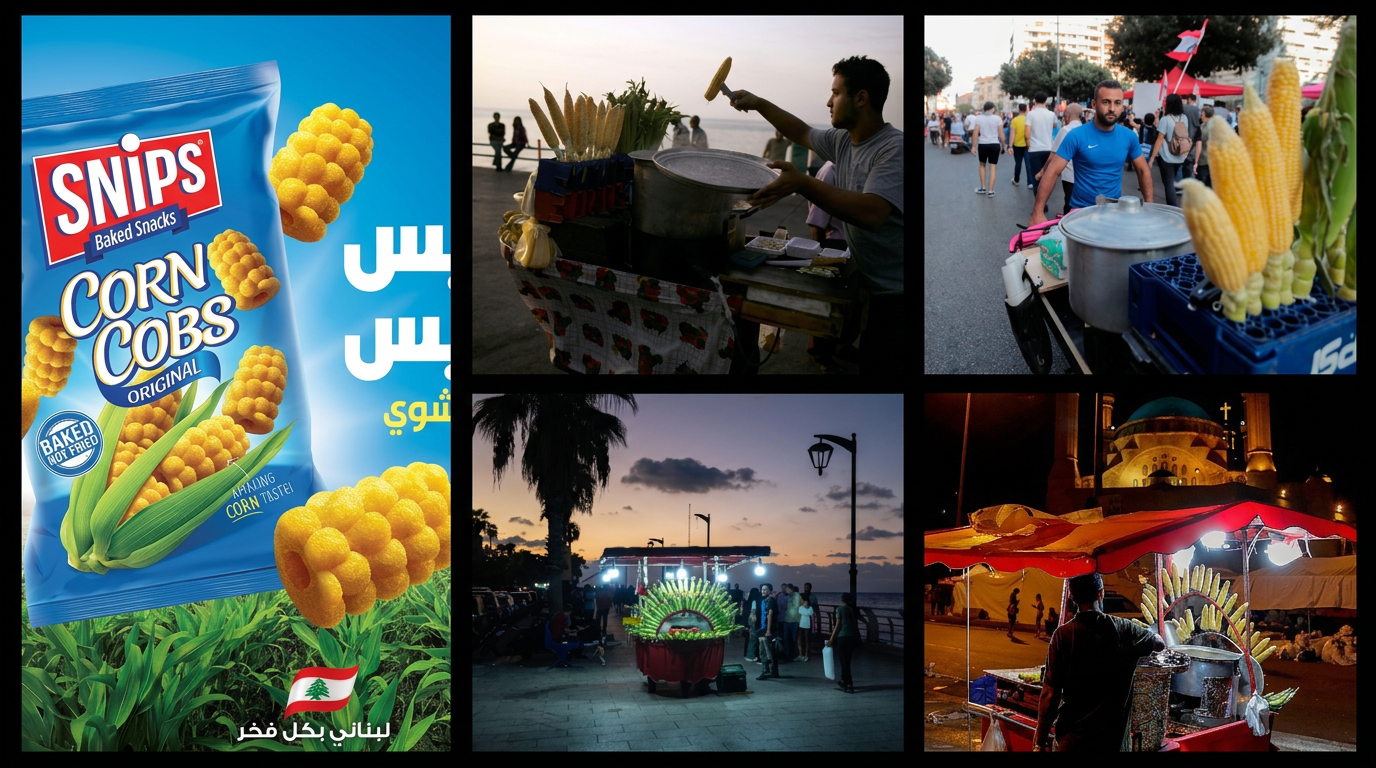 Snips Corn Cobs campaign — key visual beside Lebanese street corn vendor photography at the cornice and old Beirut
