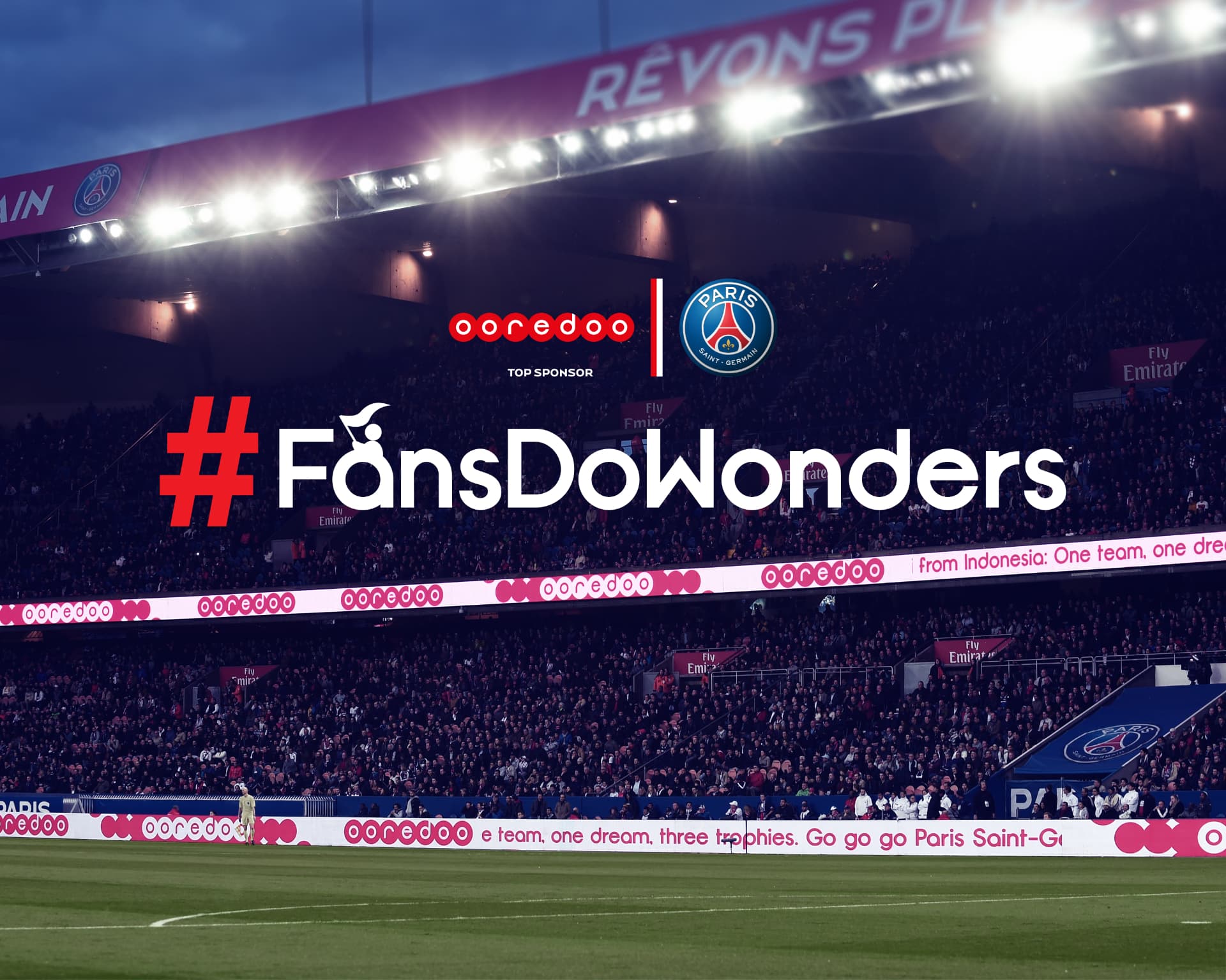 Ooredoo × Paris Saint-Germain key visual — #FansDoWonders over the Parc des Princes crowd