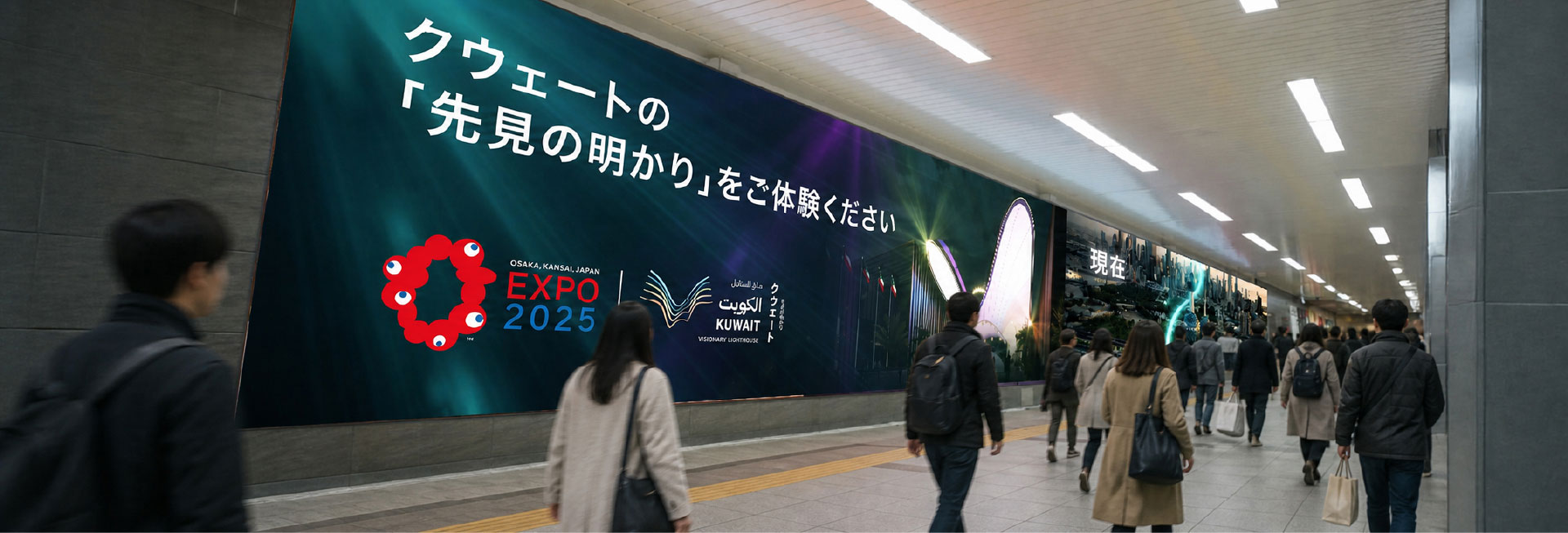 Kuwait Pavilion branding on an Osaka transit walkway billboard
