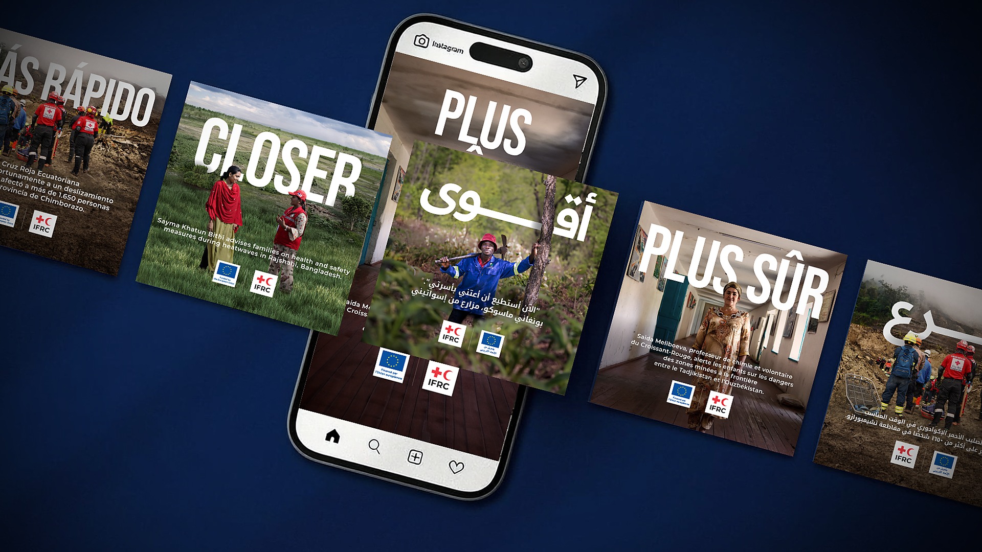 IFRC campaign social carousel — Plus fort, Plus sûr, Más rápido, أسرع